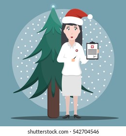Vector cartoon illustration of doctor woman in Santa's hat. Concept of Healthy Christmas and Happy New Year