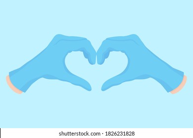 Vector cartoon illustration of a doctor's hand in blue gloves, in the shape of a heart. Dental concept.