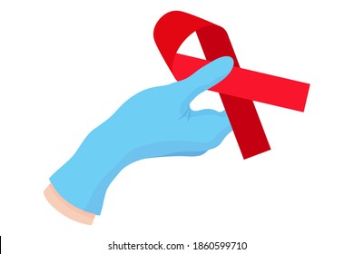 Vektorgrafik-Illustration der Hand eines Arztes in einem blauen Handschuh, der ein rotes Band hält. Medizinisches Symbol für den Kampf gegen AIDS und HIV.
