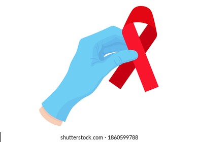 Vector cartoon illustration of a doctor's hand in a blue glove holding a red ribbon. Awareness of the problem of AIDS and HIV.