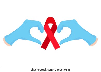 Vektorgrafik eines Arztes in blauen Handschuhen mit einer Herzform, die ein rotes Band hält. AIDS- und HIV-Hilfskonzept.