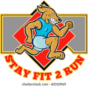 vector cartoon illustration of a Dog running jogging with shield in background with wording "stay fit to run"