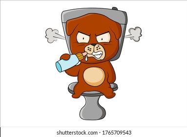 Vector cartoon illustration. The dog is sitting on the toilet sheet and drinking milk. Isolated on white background.