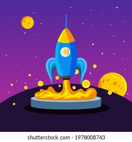 Vector Cartoon Illustration of Doge Coin to the moon  cryptocurrency.  Rocket Launcher of doge coin to the moon. Doge coin growth concept.  Blockchain technologies, finance