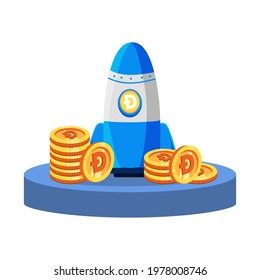 Vector Cartoon Illustration of Doge Coin to the moon  cryptocurrency.  Rocket Launcher of doge coin to the moon. Doge coin growth concept.  Blockchain technologies, finance
