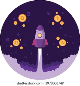 Vector Cartoon Illustration of Doge Coin to the moon  cryptocurrency.  Rocket Launcher of doge coin to the moon. Doge coin growth concept.  Blockchain technologies, finance