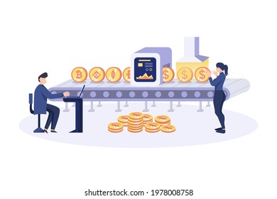 Vector Cartoon Illustration of Doge Coin to the moon cryptocurrency.  Cryptocurrency exchange. Blockchain technology, bitcoin, altcoins, cryptocurrency mining, finance, digital money market.