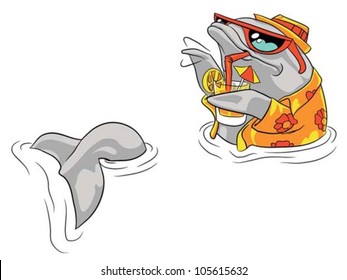 Vector cartoon illustration of a dolphin enjoying its holiday.