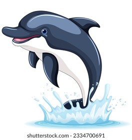 A vector cartoon illustration of a dolphin jumping out of the water, isolated on a white background