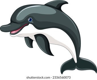 A vector cartoon illustration of a dolphin jumping and smiling, isolated on a white background