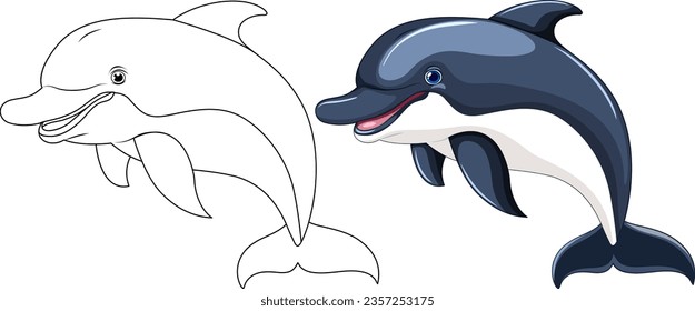 A vector cartoon illustration of a dolphin jumping and smiling, isolated on a white background