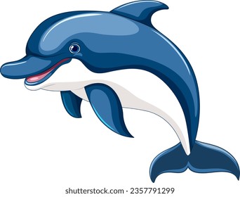 A vector cartoon illustration of a dolphin jumping and smiling, isolated on a white background