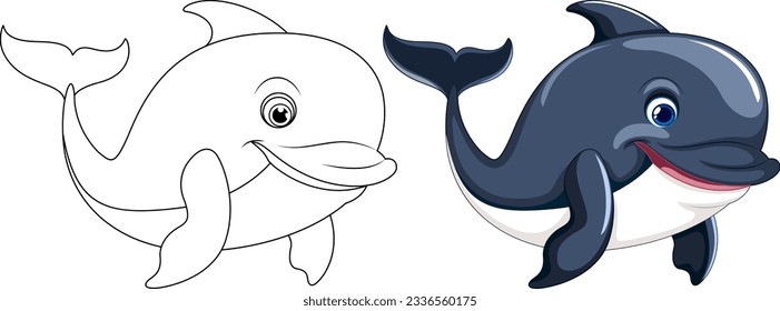 Vector cartoon illustration of a dolphin swimming and smiling, isolated on white background