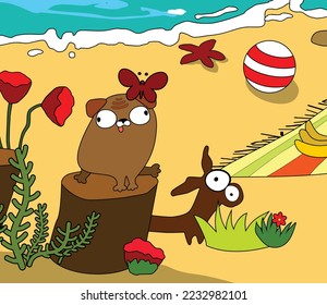 Vector cartoon illustration. The doodle dogs on a beach.