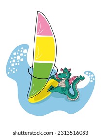 vector cartoon illustration of a doodle dragon is windsurfing. Dragon windsurfer sailing on the sea