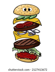 Vector cartoon illustration of a double burger with cute eyes smiling. Cutlet, cheese, tomato, onion, cucumber, lettuce, sauce