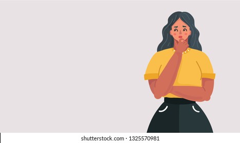 Vector cartoon illustration of Doubtful young woman. Horizontal banners with female character.