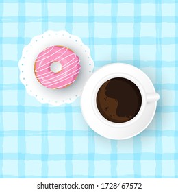 Vector cartoon illustration of doughnut with cup of coffee. Cup of hot beverage and sweet donut with pink glaze on table. Top view on sweet breakfast. Break time. Coffee break. National donut day.