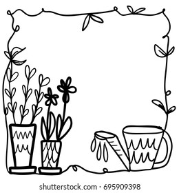 vector cartoon illustration draw outline of Tree pots that watered the trees.doodle style .Picture frame.
