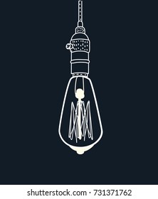 Vector Cartoon Illustration Of Drawing Of An Edison Lightbulb On Black Background. Outline Hand Drawn Object.