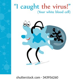 Vector cartoon illustration. Drawing.  Leukocyte caught the virus