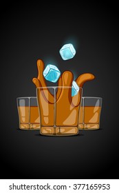 Vector cartoon illustration drawn glass with alcohol drink with ice cubes falling and splash liquid.