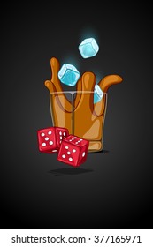 Vector cartoon illustration drawn glass with alcohol drink with ice cubes falling and splash liquid. Two dice on foreground in motion