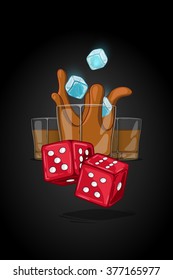 Vector cartoon illustration drawn glass with alcohol drink with ice cubes falling and splash liquid. Two dice on foreground in motion