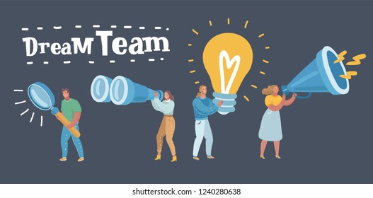 Vector cartoon illustration of dream team. Marketing, HR, SMM, Researching, creators, testers. Different workers, group. Human characters on dark background.