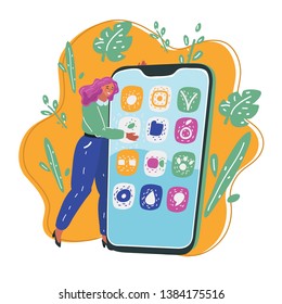 Vector cartoon illustration of Dreamy romantic young woman hug a big smartphone phone clasped to her with a smile of pleasure and her eyes closed in bliss.