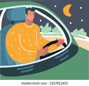 Vector cartoon illustration of Driver at nights. Close up veiw.