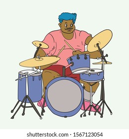 Vector cartoon illustration of drummer playing drum music instrument