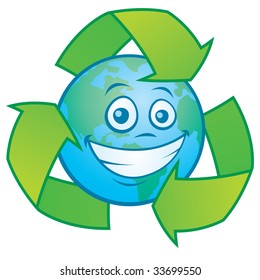 Vector cartoon illustration of an Earth character surrounded by a recycle symbol. Great mascot for going green design.