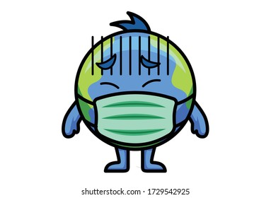 Vector cartoon illustration of earth with closed eyes wearing mask. Isolated on white background.