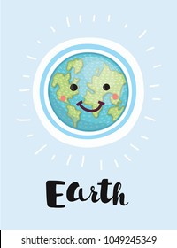 Vector cartoon illustration of earth cute face character face earth day. Isolated white background. Hand drawn lettering name.