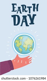 Vector cartoon illustration of Earth Day Cartoon Card. Cute Globe in hand
