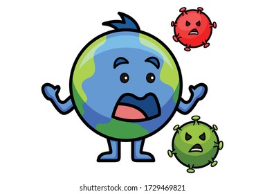 Dibujo vectorial de la expresión de la faz de la tierra con el virus de la corona. Aislado sobre fondo blanco.