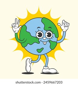 vector Cartoon illustration of the Earth mascot posing with peace hand can used for merch, poster, prints, stickers, and graphics