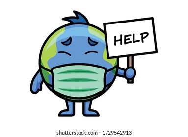 Vector cartoon illustration of earth wearing mask and holding help banner in hand. Isolated on white background.