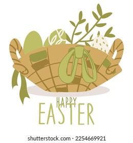 Vector cartoon illustration of an Easter card with a festive basket and colorful painted eggs inside. A simple cute illustration, flat. A bow is a branch of foliage. Print banner, flyer, postcard.