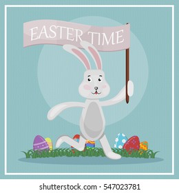 Vector cartoon illustration with easter rabbit and eggs. Concept of Happy Easter
