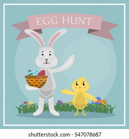 Vector cartoon illustration with easter rabbit, chick and eggs. Concept of Happy Easter and egg hunt