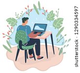 Vector cartoon illustration of E-earnings concept. Woman at the computer. Freelance work. Rear veiw.
