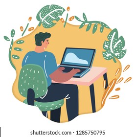 Vector cartoon illustration of E-earnings concept. Woman at the computer. Freelance work. Rear veiw.