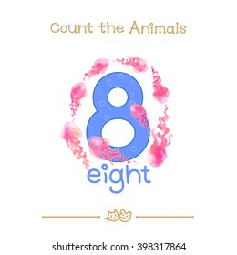 vector cartoon illustration for eight, 8 learn counting with series of "Count the Animals". Baby shower. School manual for teachers. Symbol and designation. Clipart isolated on white background EPS 10