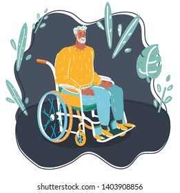 Vector cartoon illustration of elder grey haired man in wheelchair. Character on dark background.