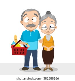 Vector cartoon illustration of elder people buying foods in grocery store