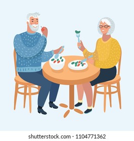 Vector cartoon illustration of an Elderly Couple Eating at a Fine Dining Restaurant or caffe. Human characters on white background.