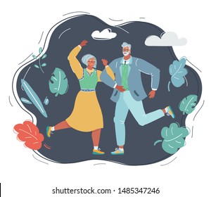 Vector Cartoon Illustration Of An Elderly Couple Dancing At A Party. Human Characters On Dark Background.