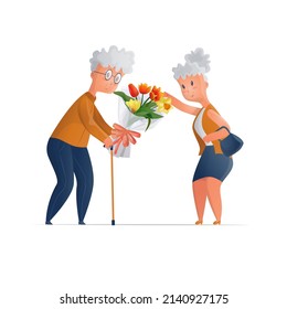 Vector cartoon illustration with an elderly couple. It depicts old man who gives a bouquet of flowers to an old woman. The concept of love in  any age, Valentine s Day.